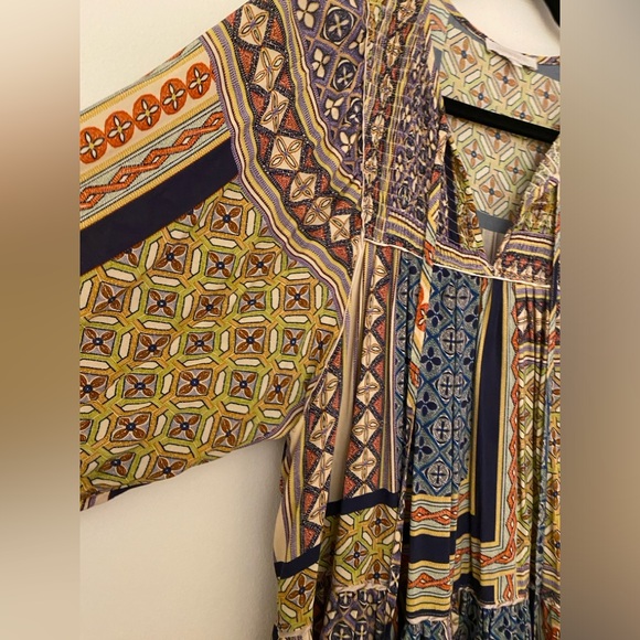 Olivaceous Patterned Ruffle Long Sleeve Tassle Mini Dress Women’s Sz Small - Picture 9 of 16